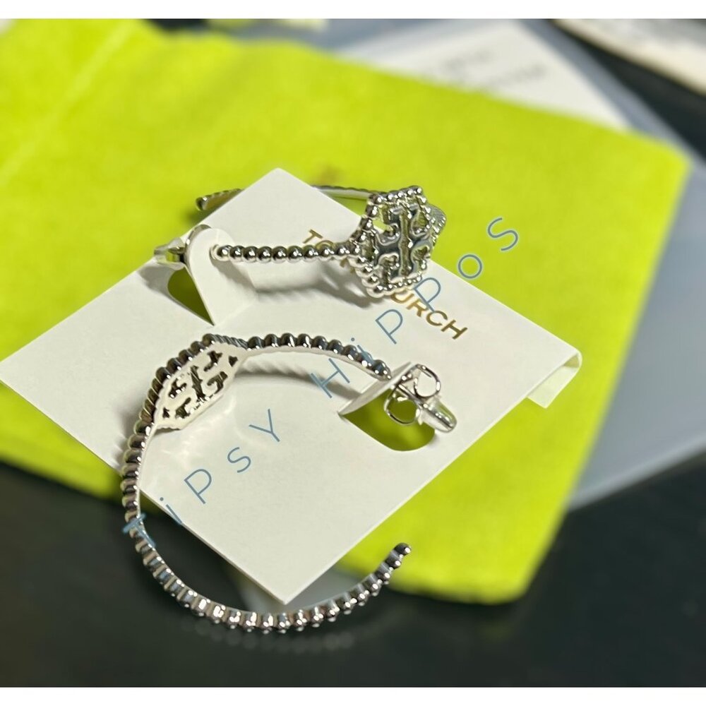 Tory Burch Silver Hexagon Logo Hoop Earrings - Picture 6 of 6